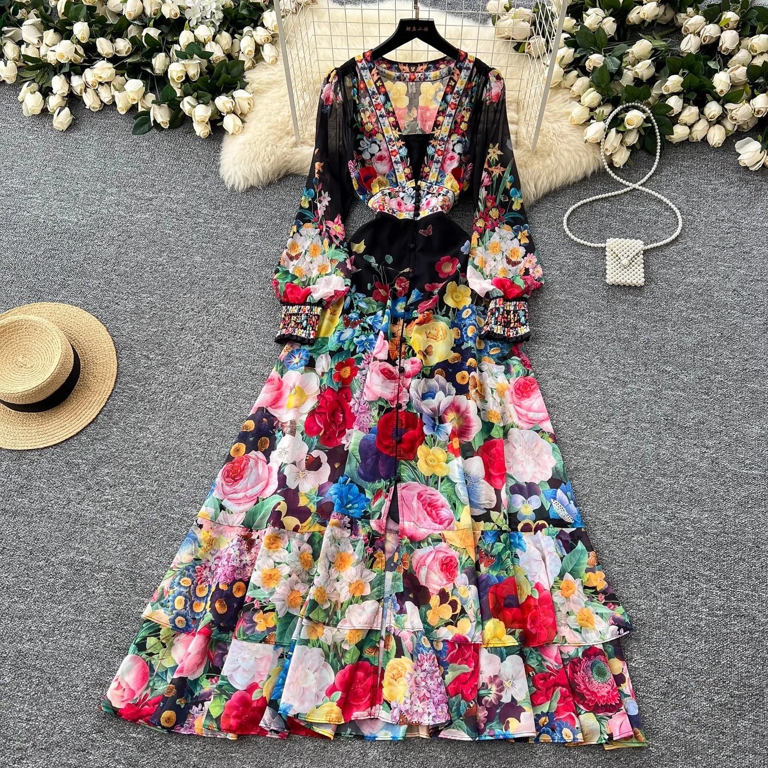 Fashion Gorgeous Flower Chiffon Maxi Ruffles Dress Women Sexy Deep V Neck Long Lantern Sleeve Floral Print Boho - American Thistle Fashion Gorgeous Flower Chiffon Maxi Ruffles Dress Women Sexy Deep V Neck Long Lantern Sleeve Floral Print Boho