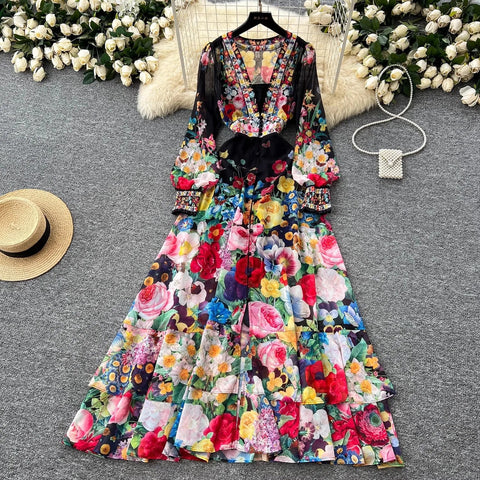 Fashion Gorgeous Flower Chiffon Maxi Ruffles Dress Women Sexy Deep V Neck Long Lantern Sleeve Floral Print Boho - American Thistle Fashion Gorgeous Flower Chiffon Maxi Ruffles Dress Women Sexy Deep V Neck Long Lantern Sleeve Floral Print Boho
