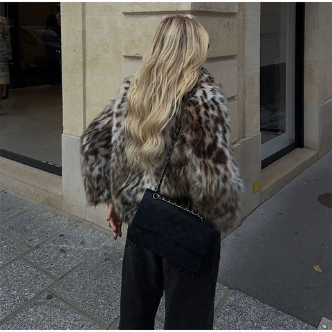 Fashion Leopard Print Faux Fur Coats For Women Luxury Turn - down Collar Long Sleeve Chic Jacket - American ThistleFashion Leopard Print Faux Fur Coats For Women Luxury Turn - down Collar Long Sleeve Chic Jacket