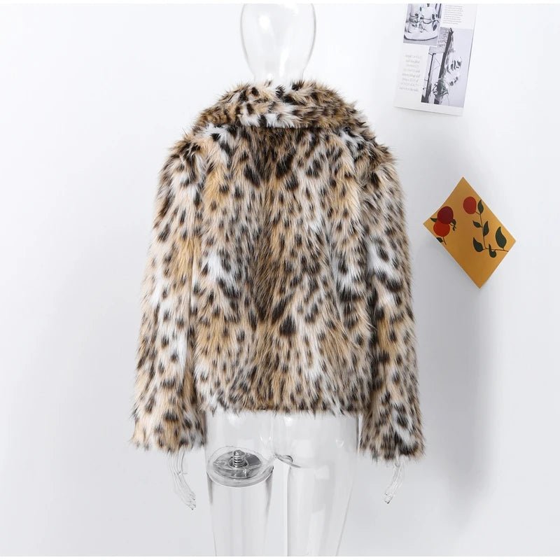 Fashion Leopard Print Faux Fur Coats For Women Luxury Turn - down Collar Long Sleeve Chic Jacket - American ThistleFashion Leopard Print Faux Fur Coats For Women Luxury Turn - down Collar Long Sleeve Chic Jacket