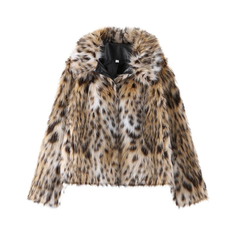 Fashion Leopard Print Faux Fur Coats For Women Luxury Turn - down Collar Long Sleeve Chic Jacket - American ThistleFashion Leopard Print Faux Fur Coats For Women Luxury Turn - down Collar Long Sleeve Chic Jacket