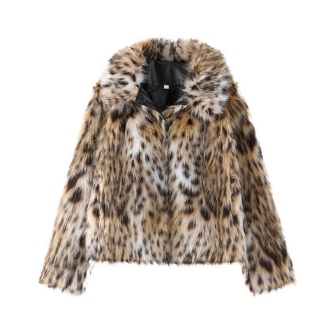 Fashion Leopard Print Faux Fur Coats For Women Luxury Turn - down Collar Long Sleeve Chic Jacket - American ThistleFashion Leopard Print Faux Fur Coats For Women Luxury Turn - down Collar Long Sleeve Chic Jacket