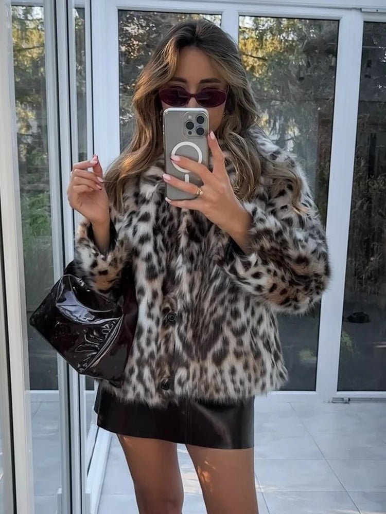 Fashion Leopard Print Faux Fur Coats For Women Luxury Turn - down Collar Long Sleeve Chic Jacket - American ThistleFashion Leopard Print Faux Fur Coats For Women Luxury Turn - down Collar Long Sleeve Chic Jacket