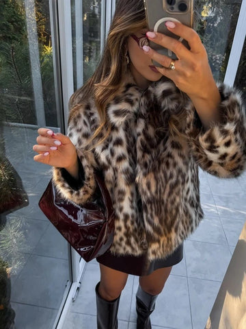 Fashion Leopard Print Faux Fur Coats For Women Luxury Turn - down Collar Long Sleeve Chic Jacket - American ThistleFashion Leopard Print Faux Fur Coats For Women Luxury Turn - down Collar Long Sleeve Chic Jacket