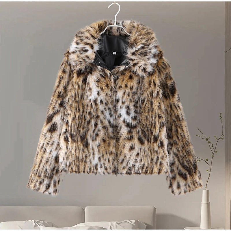 Fashion Leopard Print Faux Fur Coats For Women Luxury Turn - down Collar Long Sleeve Chic Jacket - American ThistleFashion Leopard Print Faux Fur Coats For Women Luxury Turn - down Collar Long Sleeve Chic Jacket