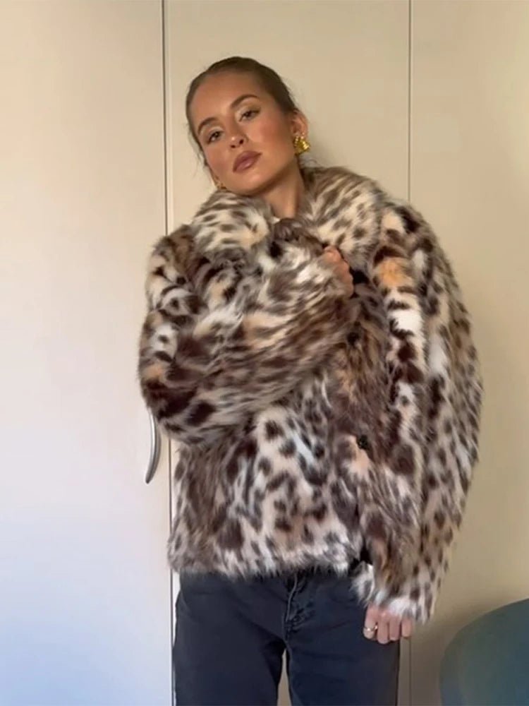 Fashion Leopard Print Faux Fur Coats For Women Luxury Turn - down Collar Long Sleeve Chic Jacket - American ThistleFashion Leopard Print Faux Fur Coats For Women Luxury Turn - down Collar Long Sleeve Chic Jacket
