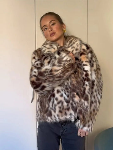 Fashion Leopard Print Faux Fur Coats For Women Luxury Turn - down Collar Long Sleeve Chic Jacket - American ThistleFashion Leopard Print Faux Fur Coats For Women Luxury Turn - down Collar Long Sleeve Chic Jacket