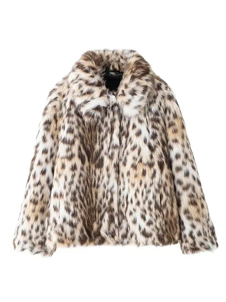 Fashion Leopard Print Faux Fur Coats For Women Luxury Turn - down Collar Long Sleeve Chic Jacket - American ThistleFashion Leopard Print Faux Fur Coats For Women Luxury Turn - down Collar Long Sleeve Chic Jacket