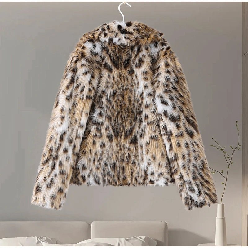 Fashion Leopard Print Faux Fur Coats For Women Luxury Turn - down Collar Long Sleeve Chic Jacket - American ThistleFashion Leopard Print Faux Fur Coats For Women Luxury Turn - down Collar Long Sleeve Chic Jacket