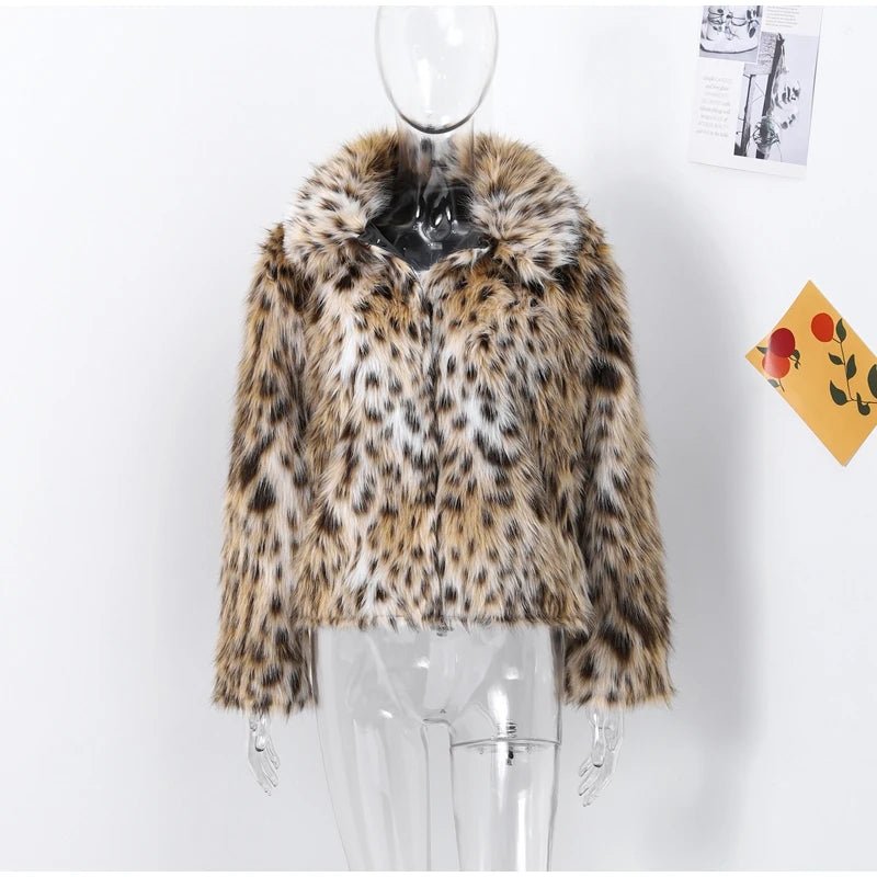 Fashion Leopard Print Faux Fur Coats For Women Luxury Turn - down Collar Long Sleeve Chic Jacket - American ThistleFashion Leopard Print Faux Fur Coats For Women Luxury Turn - down Collar Long Sleeve Chic Jacket