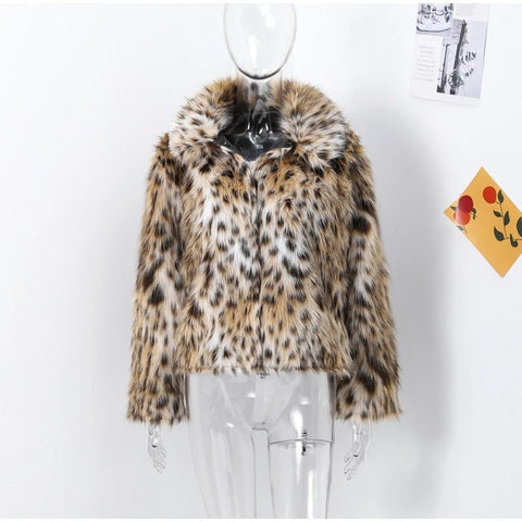 Fashion Leopard Print Faux Fur Coats For Women Luxury Turn - down Collar Long Sleeve Chic Jacket - American ThistleFashion Leopard Print Faux Fur Coats For Women Luxury Turn - down Collar Long Sleeve Chic Jacket
