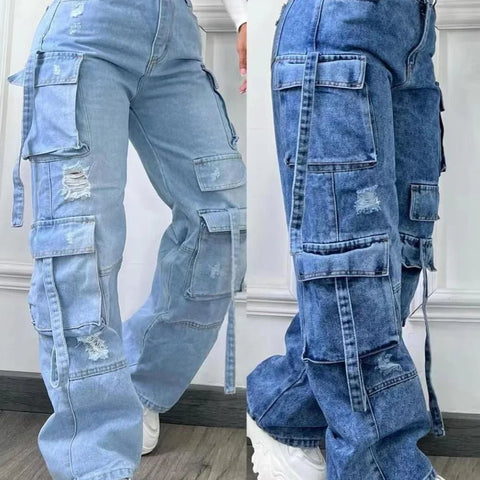 Fashion Pure Color Casual Workwear Denim High Waist Multi Pocket Loose Fit Women's Jeans Versatile plus Size - American Thistle Fashion Pure Color Casual Workwear Denim High Waist Multi Pocket Loose Fit Women's Jeans Versatile plus Size