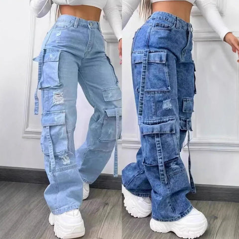 Fashion Pure Color Casual Workwear Denim High Waist Multi Pocket Loose Fit Women's Jeans Versatile plus Size - American Thistle Fashion Pure Color Casual Workwear Denim High Waist Multi Pocket Loose Fit Women's Jeans Versatile plus Size