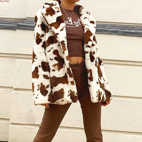 Fashion Thickened Cow Print Coat Women'S Autumn Winter Plush Long Sleeve Coat Thicken Warm Windbreaker Coat Jackets - American Thistle Fashion Thickened Cow Print Coat Women'S Autumn Winter Plush Long Sleeve Coat Thicken Warm Windbreaker Coat Jackets