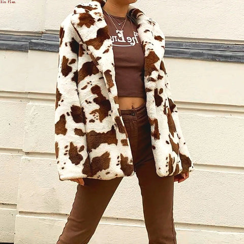 Fashion Thickened Cow Print Coat Women'S Autumn Winter Plush Long Sleeve Coat Thicken Warm Windbreaker Coat Jackets - American Thistle Fashion Thickened Cow Print Coat Women'S Autumn Winter Plush Long Sleeve Coat Thicken Warm Windbreaker Coat Jackets