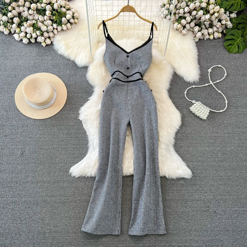 Fashionable Tweed Wide Leg Pant Suit High Waist Slimming Jumpsuit - American Thistle Fashionable Tweed Wide Leg Pant Suit High Waist Slimming Jumpsuit