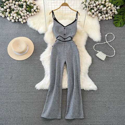 Fashionable Tweed Wide Leg Pant Suit High Waist Slimming Jumpsuit - American Thistle Fashionable Tweed Wide Leg Pant Suit High Waist Slimming Jumpsuit