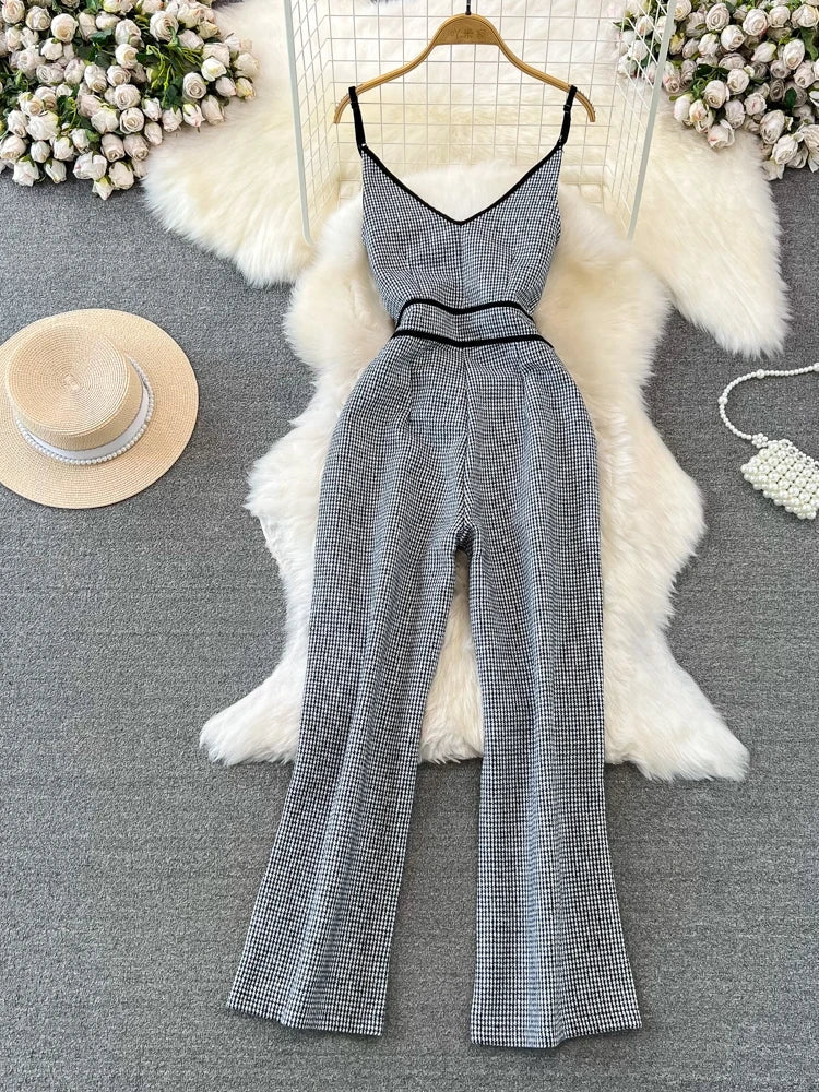 Fashionable Tweed Wide Leg Pant Suit High Waist Slimming Jumpsuit - American Thistle Fashionable Tweed Wide Leg Pant Suit High Waist Slimming Jumpsuit