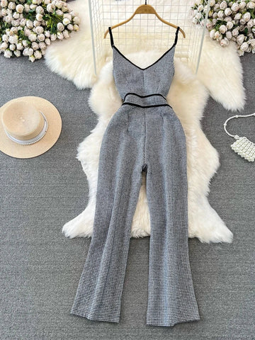 Fashionable Tweed Wide Leg Pant Suit High Waist Slimming Jumpsuit - American Thistle Fashionable Tweed Wide Leg Pant Suit High Waist Slimming Jumpsuit