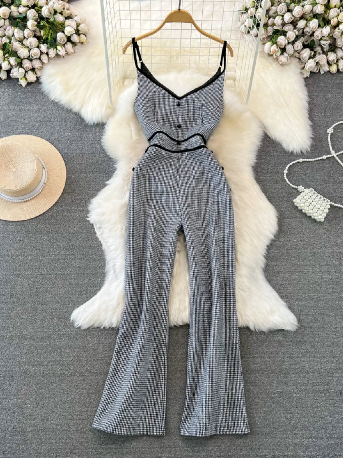 Fashionable Tweed Wide Leg Pant Suit High Waist Slimming Jumpsuit - American Thistle Fashionable Tweed Wide Leg Pant Suit High Waist Slimming Jumpsuit