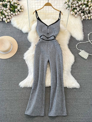 Fashionable Tweed Wide Leg Pant Suit High Waist Slimming Jumpsuit - American Thistle Fashionable Tweed Wide Leg Pant Suit High Waist Slimming Jumpsuit