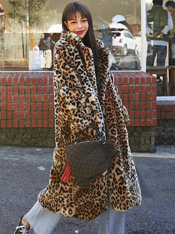 Faux Fur Leopard Women Long Coats - American Thistle Faux Fur Leopard Women Long Coats