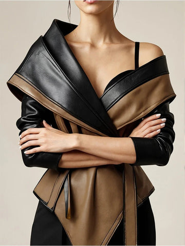 Faux Leather Jacket for Women's One Shoulder Splice Irregular Hem Long Sleeve Leather Coat Top Casual Vintage - American ThistleFaux Leather Jacket for Women's One Shoulder Splice Irregular Hem Long Sleeve Leather Coat Top Casual Vintage