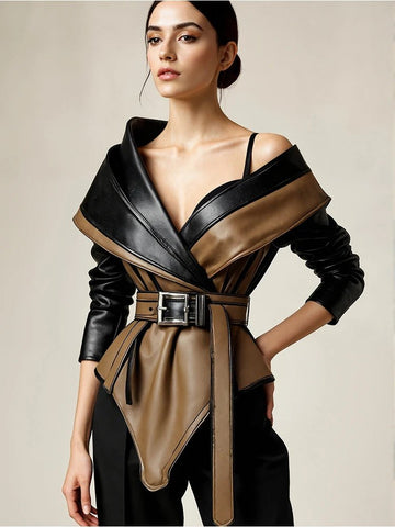 Faux Leather Jacket for Women's One Shoulder Splice Irregular Hem Long Sleeve Leather Coat Top Casual Vintage - American ThistleFaux Leather Jacket for Women's One Shoulder Splice Irregular Hem Long Sleeve Leather Coat Top Casual Vintage