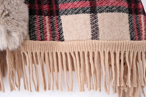 Faux Rabbit Fur Coats Women Plaid Poncho Jackets Tassel Hooded Sleeves Open Stitch Loose - American ThistleFaux Rabbit Fur Coats Women Plaid Poncho Jackets Tassel Hooded Sleeves Open Stitch Loose