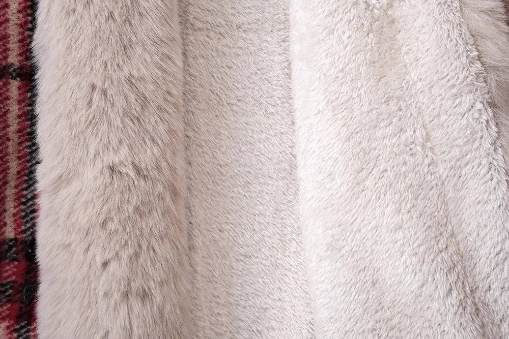 Faux Rabbit Fur Coats Women Plaid Poncho Jackets Tassel Hooded Sleeves Open Stitch Loose - American ThistleFaux Rabbit Fur Coats Women Plaid Poncho Jackets Tassel Hooded Sleeves Open Stitch Loose