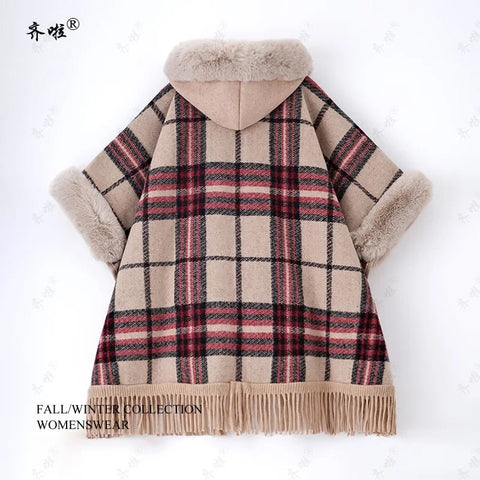 Faux Rabbit Fur Coats Women Plaid Poncho Jackets Tassel Hooded Sleeves Open Stitch Loose - American ThistleFaux Rabbit Fur Coats Women Plaid Poncho Jackets Tassel Hooded Sleeves Open Stitch Loose