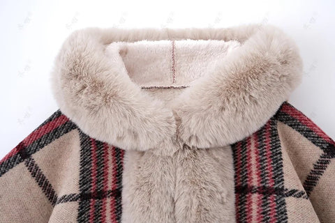 Faux Rabbit Fur Coats Women Plaid Poncho Jackets Tassel Hooded Sleeves Open Stitch Loose - American ThistleFaux Rabbit Fur Coats Women Plaid Poncho Jackets Tassel Hooded Sleeves Open Stitch Loose