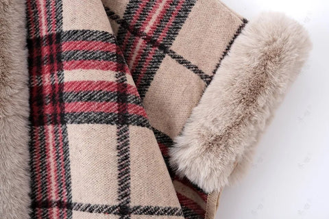 Faux Rabbit Fur Coats Women Plaid Poncho Jackets Tassel Hooded Sleeves Open Stitch Loose - American ThistleFaux Rabbit Fur Coats Women Plaid Poncho Jackets Tassel Hooded Sleeves Open Stitch Loose