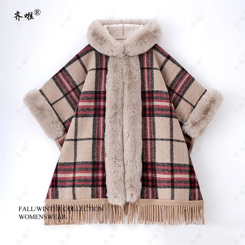 Faux Rabbit Fur Coats Women Plaid Poncho Jackets Tassel Hooded Sleeves Open Stitch Loose - American ThistleFaux Rabbit Fur Coats Women Plaid Poncho Jackets Tassel Hooded Sleeves Open Stitch Loose