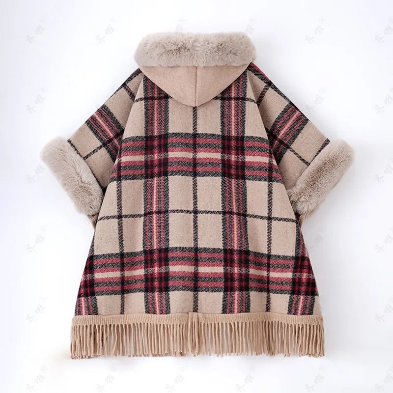 Faux Rabbit Fur Coats Women Plaid Poncho Jackets Tassel Hooded Sleeves Open Stitch Loose - American ThistleFaux Rabbit Fur Coats Women Plaid Poncho Jackets Tassel Hooded Sleeves Open Stitch Loose