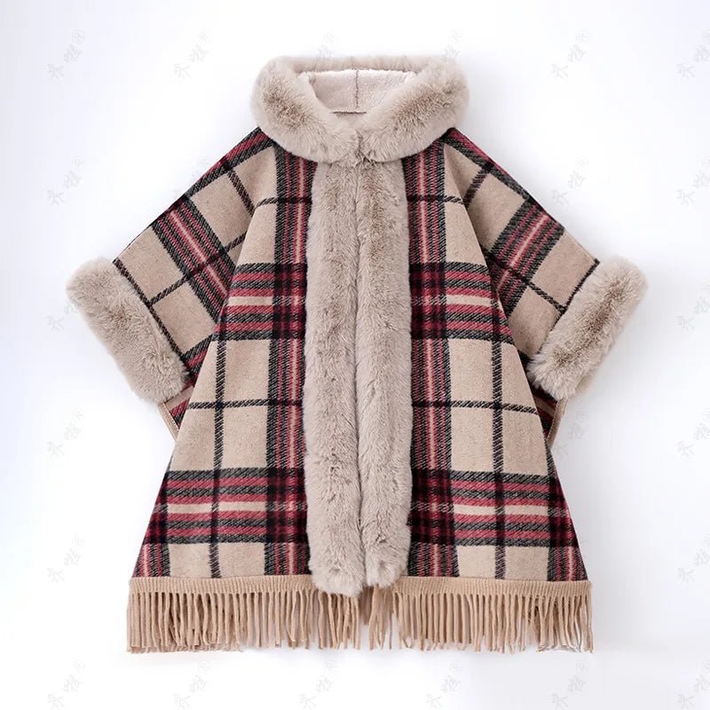 Faux Rabbit Fur Coats Women Plaid Poncho Jackets Tassel Hooded Sleeves Open Stitch Loose - American ThistleFaux Rabbit Fur Coats Women Plaid Poncho Jackets Tassel Hooded Sleeves Open Stitch Loose