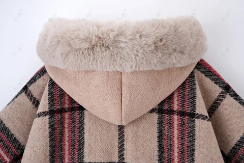 Faux Rabbit Fur Coats Women Plaid Poncho Jackets Tassel Hooded Sleeves Open Stitch Loose - American ThistleFaux Rabbit Fur Coats Women Plaid Poncho Jackets Tassel Hooded Sleeves Open Stitch Loose