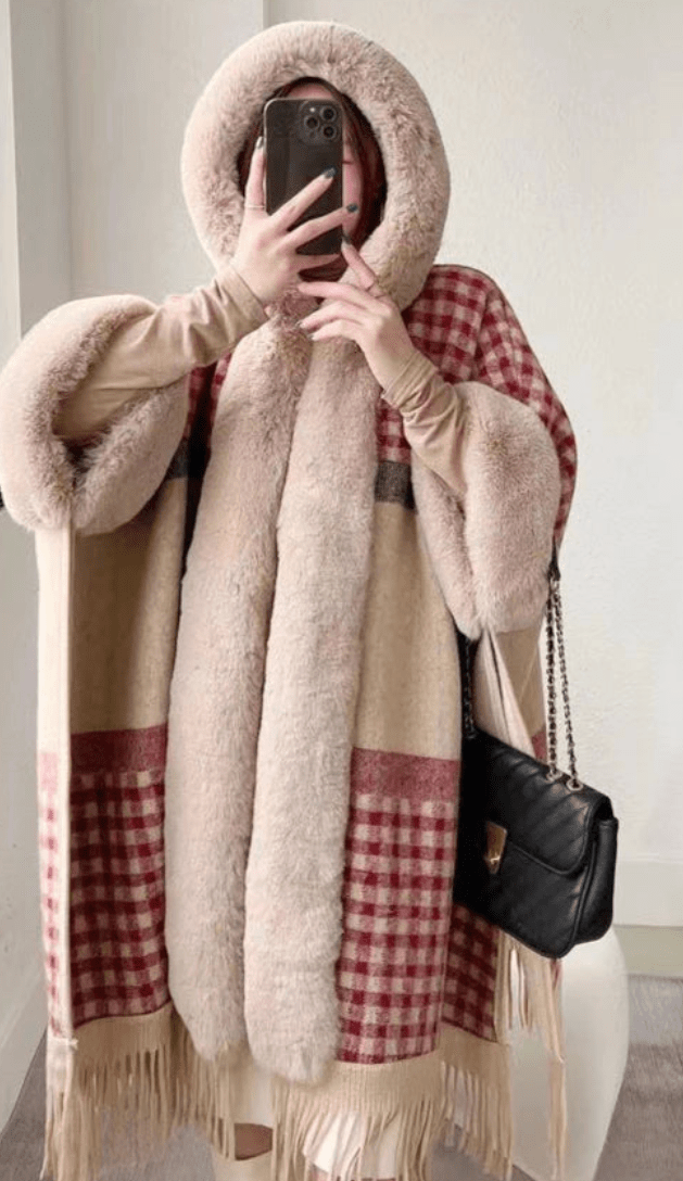 Faux Rabbit Fur Coats Women Plaid Poncho Jackets Tassel Hooded Sleeves Open Stitch Loose - American ThistleFaux Rabbit Fur Coats Women Plaid Poncho Jackets Tassel Hooded Sleeves Open Stitch Loose