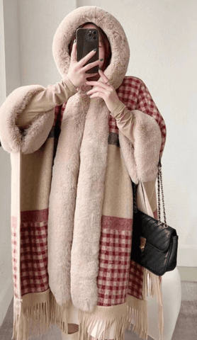 Faux Rabbit Fur Coats Women Plaid Poncho Jackets Tassel Hooded Sleeves Open Stitch Loose - American ThistleFaux Rabbit Fur Coats Women Plaid Poncho Jackets Tassel Hooded Sleeves Open Stitch Loose