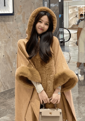 Faux Rabbit Fur Coats Women Plaid Poncho Jackets Tassel Hooded Sleeves Open Stitch Loose - American ThistleFaux Rabbit Fur Coats Women Plaid Poncho Jackets Tassel Hooded Sleeves Open Stitch Loose