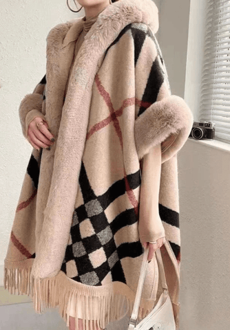Faux Rabbit Fur Coats Women Plaid Poncho Jackets Tassel Hooded Sleeves Open Stitch Loose - American ThistleFaux Rabbit Fur Coats Women Plaid Poncho Jackets Tassel Hooded Sleeves Open Stitch Loose