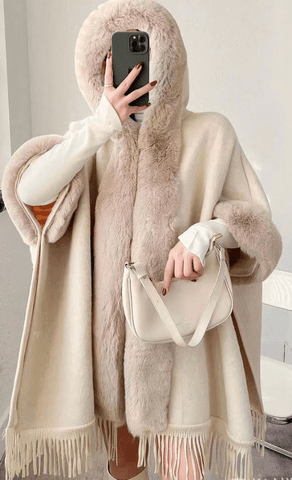 Faux Rabbit Fur Coats Women Plaid Poncho Jackets Tassel Hooded Sleeves Open Stitch Loose - American ThistleFaux Rabbit Fur Coats Women Plaid Poncho Jackets Tassel Hooded Sleeves Open Stitch Loose