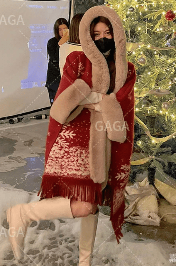 Faux Rabbit Fur Coats Women Plaid Poncho Jackets Tassel Hooded Sleeves Open Stitch Loose - American ThistleFaux Rabbit Fur Coats Women Plaid Poncho Jackets Tassel Hooded Sleeves Open Stitch Loose