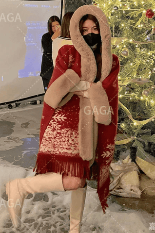 Faux Rabbit Fur Coats Women Plaid Poncho Jackets Tassel Hooded Sleeves Open Stitch Loose - American ThistleFaux Rabbit Fur Coats Women Plaid Poncho Jackets Tassel Hooded Sleeves Open Stitch Loose