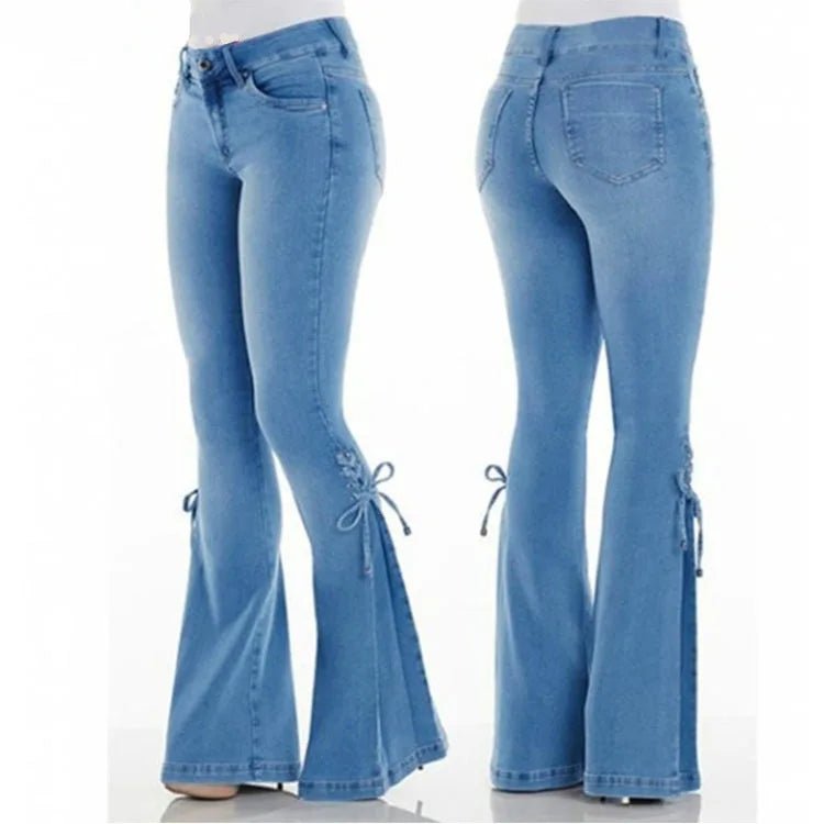 Flare Pants for Women Vintage Jeans Lace Up Stretch Mid Waist Skinny Distressed Washed 2025 Streetwear Female Denims Trousers - American Thistle Flare Pants for Women Vintage Jeans Lace Up Stretch Mid Waist Skinny Distressed Washed 2025 Streetwear Female Denims Trousers
