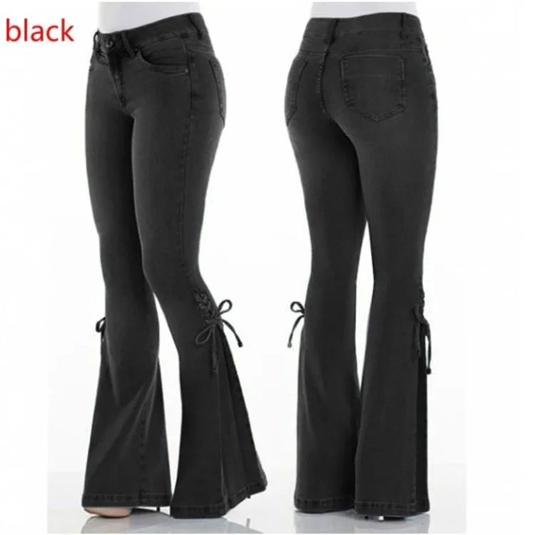 Flare Pants for Women Vintage Jeans Lace Up Stretch Mid Waist Skinny Distressed Washed 2025 Streetwear Female Denims Trousers - American Thistle Flare Pants for Women Vintage Jeans Lace Up Stretch Mid Waist Skinny Distressed Washed 2025 Streetwear Female Denims Trousers