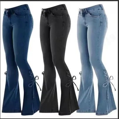 Flare Pants for Women Vintage Jeans Lace Up Stretch Mid Waist Skinny Distressed Washed 2025 Streetwear Female Denims Trousers - American Thistle Flare Pants for Women Vintage Jeans Lace Up Stretch Mid Waist Skinny Distressed Washed 2025 Streetwear Female Denims Trousers
