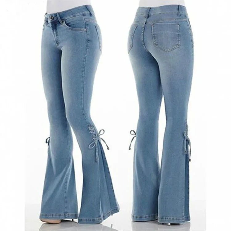 Flare Pants for Women Vintage Jeans Lace Up Stretch Mid Waist Skinny Distressed Washed 2025 Streetwear Female Denims Trousers - American Thistle Flare Pants for Women Vintage Jeans Lace Up Stretch Mid Waist Skinny Distressed Washed 2025 Streetwear Female Denims Trousers