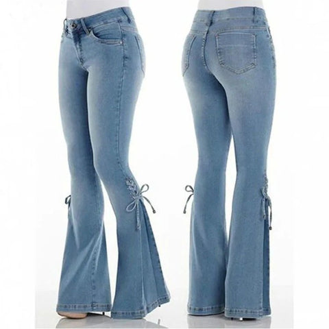 Flare Pants for Women Vintage Jeans Lace Up Stretch Mid Waist Skinny Distressed Washed 2025 Streetwear Female Denims Trousers - American Thistle Flare Pants for Women Vintage Jeans Lace Up Stretch Mid Waist Skinny Distressed Washed 2025 Streetwear Female Denims Trousers