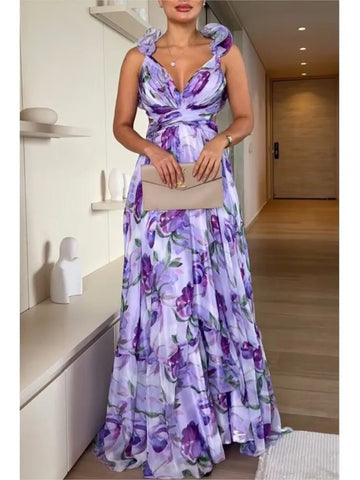Floral Chiffon Long Max Dress With Ruffle Edge - American Thistle Floral Chiffon Long Max Dress With Ruffle Edge